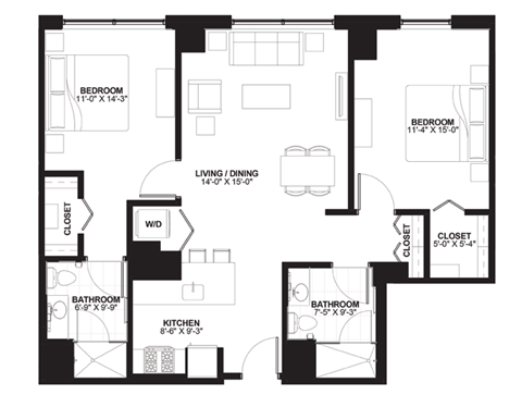 Floor plan for 2 beds, 2 baths, 1083 sqft